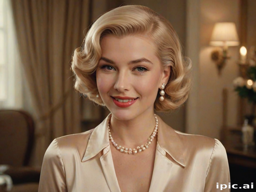 A beautiful woman reminiscent of 1950s Hollywood glamour, with perfectly styled blonde hair and a seductive smile, dressed in a satin blouse and adorned with pearls, soft and warm tones, photorealistic, 8K