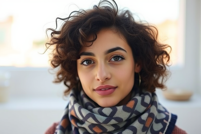 Create an intimate portrait of a young woman with curly hair wearing a patterned scarf, captured in natural light with a soft background.
