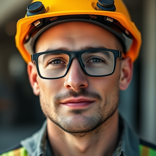 close-up portrait of a male construction worker wearing a hard hat and safety glasses, natural outdoor lighting, shallow depth of field, 50mm lens, f/1.8, ISO 100, portrait mode, DSLR camera