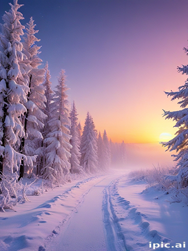 A Serene Winter Landscape with Snow-Covered Trees and a Vibrant Sunrise.