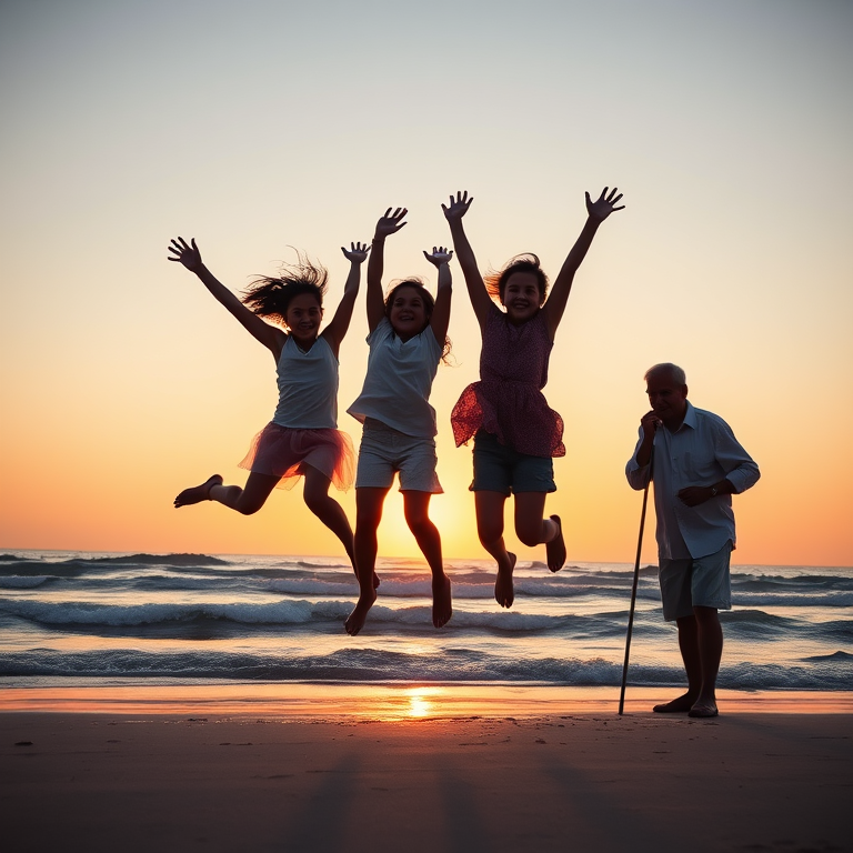 sunset silhouette of two joyful jumping girls and a thoughtful older man with a cane at the beach, shot with a DSLR camera in portrait mode, aperture f/2.8, ISO 200, 50mm lens, fast shutter speed for motion capture, golden hour lighting