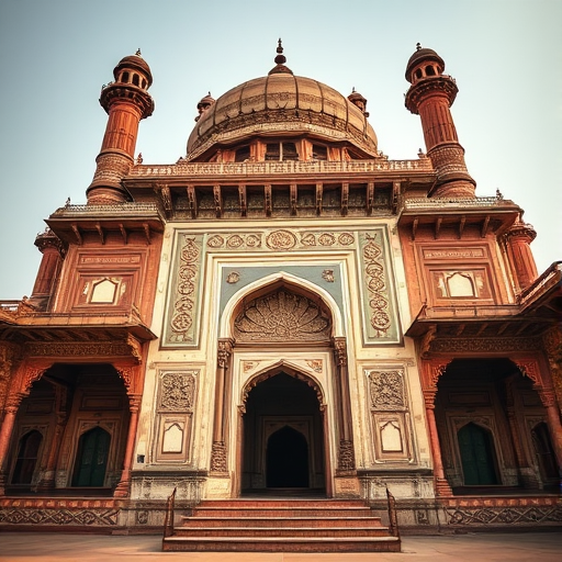 Capture a high-resolution image of a historic Indian mausoleum showcasing intricate architectural details, using a DSLR camera with a 50mm lens, aperture set to f/8, ISO 100, a low-angle shot for perspective, and natural daylight for enhanced clarity.