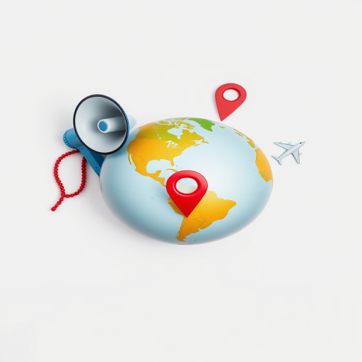 Create an image featuring a globe, a megaphone, a map, a location pin, and an airplane icon with a clean design on a white background, shot with a DSLR camera, aperture f/4, ISO 100, and a focal length of 50mm for enhanced detail and clarity.