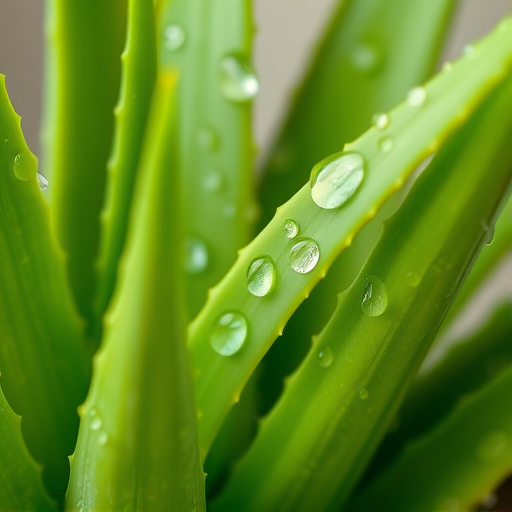 close-up of an aloe vera plant with droplets of water on its thick, green leaves, showcasing a vibrant and fresh appearance