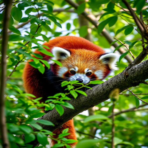 Regenerate a vivid image of a red panda perched on a branch surrounded by lush green foliage, captured with a Canon EOS R5, 85mm lens, f/1.8 aperture, ISO 200, in natural light, using a low-angle shot for enhanced perspective and depth of field.