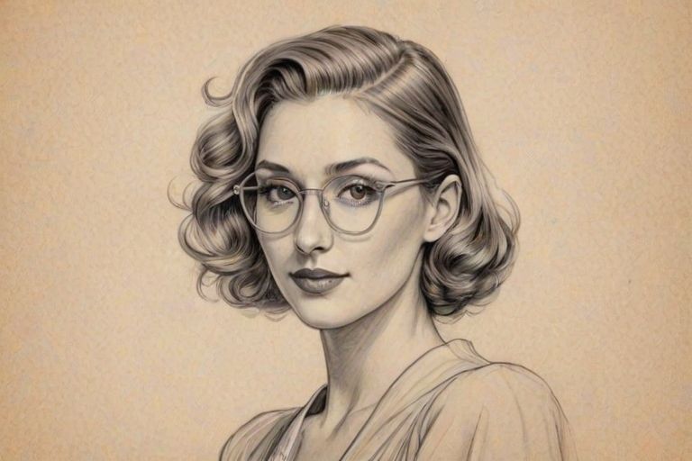 Magnificent Whitney Port, pencil sketch, portrait of Exquisite woman 1930s in glasses, hair style beatnik, outline, clear lines, fine lines, 8k