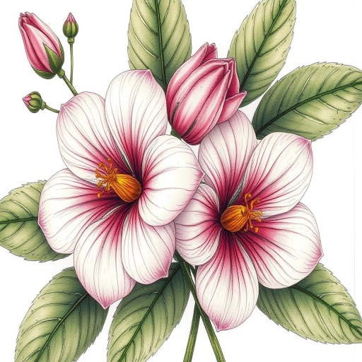 Regenerate a detailed floral illustration featuring two flowers and leaves, use a Canon EOS 5D Mark IV, 50mm lens, f/2.8 aperture, 1/125 sec shutter speed, focus on fine details and textures, natural lighting, and enhanced contrast.