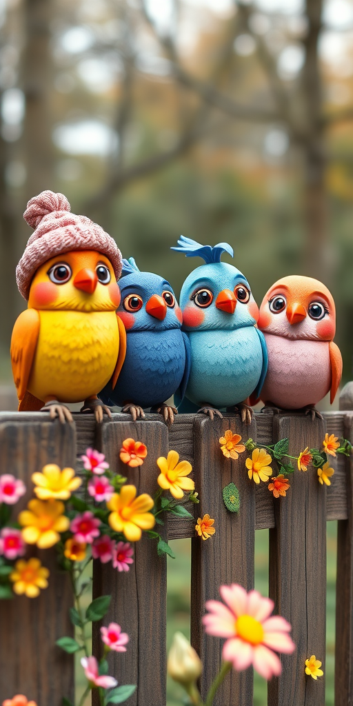 create a scene of 4 quirky  whimsical colourful comical birds each with a funny expression. they are sat on a wooden fence with colourful flowers. they are all different sizes. each one is a different colour  one is wearing a woolly hat. Each one has a different quirky google expression and there is a muted background of trees watercolour paintierly style high definition 8k resolution 3D paper mache