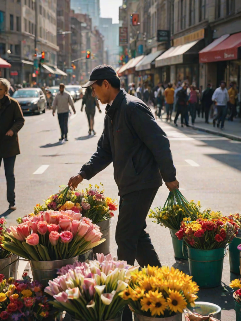 Blurry, candid photo of a street vendor selling flowers on a busy city corner, colorful bouquets arranged in buckets, pedestrians rushing by, soft sunlight casting long shadows, the distant sound of honking cars and soft chatter filling the air.