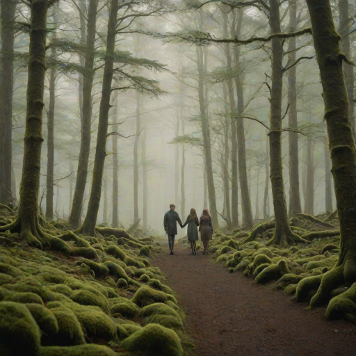 Softly lit image of a couple walking through a misty forest, the fog creating a dreamy, ethereal atmosphere, with the muted greens of moss-covered trees surrounding them.