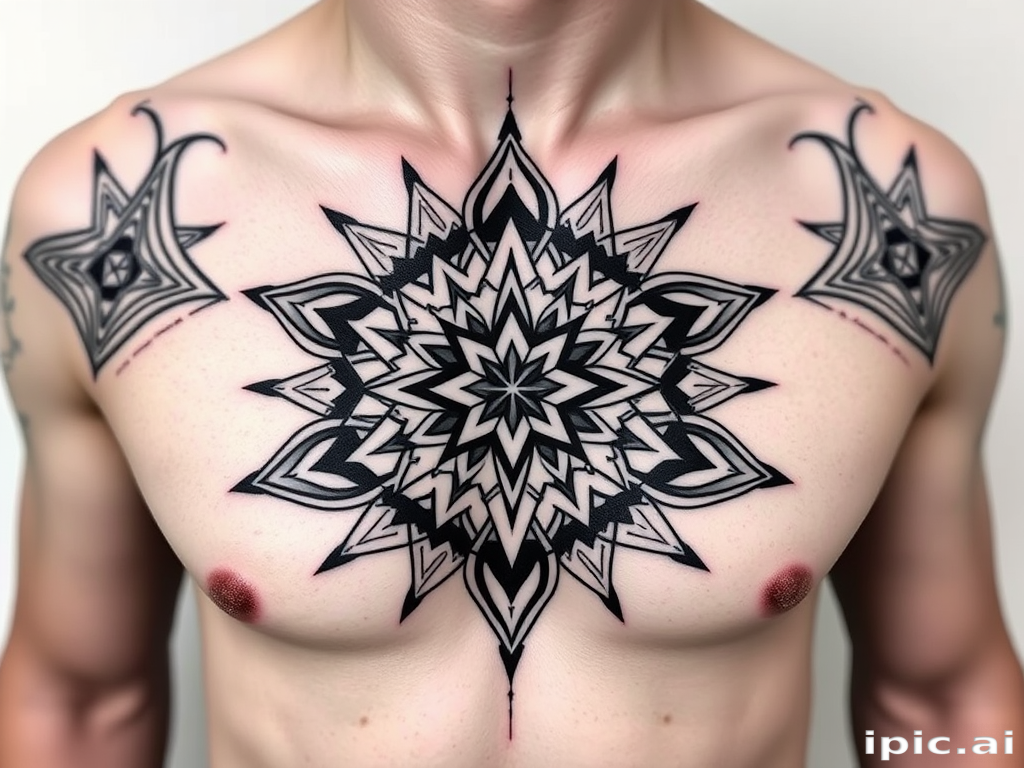 Striking geometric blackwork tattoo named "Sacred Symmetry" featuring precise lines and shapes forming a complex mandala-inspired design, representing balance and harmony as a chest piece