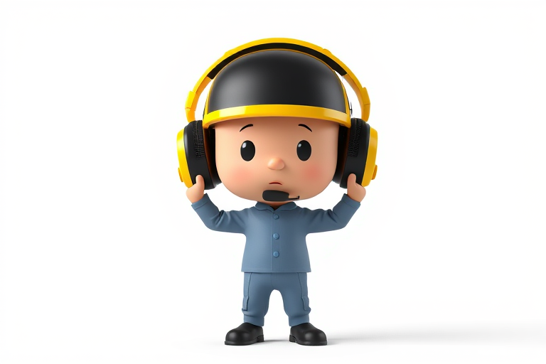 Create a high-resolution 3D render of a cartoon character wearing a black and yellow headset, standing in a neutral pose with arms slightly raised, white background, shot with a 50mm lens at f/8, ISO 100, and a softbox lighting setup to enhance details and reduce shadows.