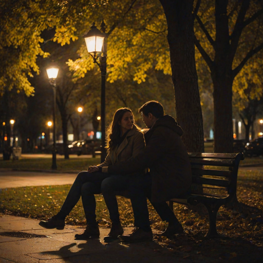 Low-light, intimate photo of a couple sitting together on a park bench at sunset, softly lit by a nearby streetlamp, leaves gently falling around them, their hands intertwined, shadows from the trees surrounding them, a distant city skyline barely visible on the horizon.
