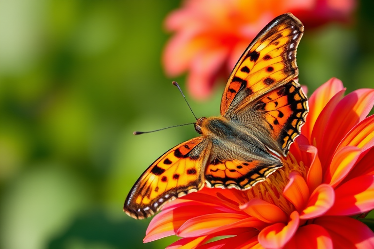 Generate an image of a butterfly perched on a vibrant flower. The butterfly should display intricate patterns with orange and black hues, showcasing its delicate wings. The flower should be colorful with shades of pink, orange, and yellow, set against a softly blurred green background, evoking a warm, sunny day in nature.