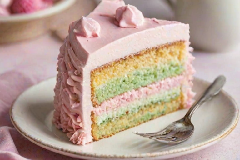 Generate an image of a slice of layered cake on a white plate. The cake has multiple layers with a creamy filling and is topped with small dollops of frosting. The background is a soft pastel color, creating a light and inviting atmosphere.