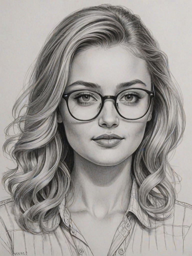 Gorgeous Amanda Michalka, pencil sketch, portrait of Lovely woman 1957s in glasses, hair style beatnik, outline, clear lines, fine lines, 8k