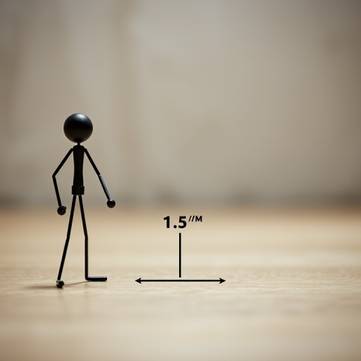 Create an image showing two stick figures standing 1.5 meters apart with a clear emphasis on the distance, using a high-resolution digital camera, aperture set to f/4 for depth of field, ISO 100 for low noise, shot in a well-lit environment to enhance contrast, with a frontal view for clarity.