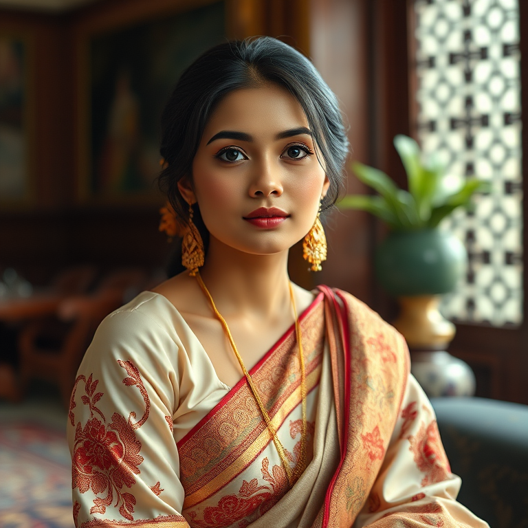 A beautiful Bangladeshi woman in traditional East Asian attire, intricately detailed with embroidered patterns, sitting gracefully in a richly decorated room, soft ambient lighting, serene and elegant, ultra-realistic, 8K resolution