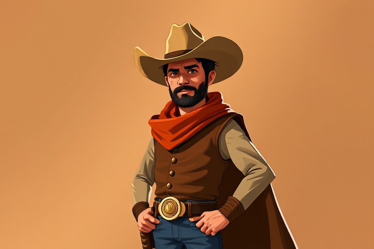 Generate an illustration of a cowboy character standing confidently, wearing a wide-brimmed hat, a brown vest, and a flowing cape, captured with a Canon EOS R5 camera at f/2.8, ISO 100, with a 50mm lens in portrait orientation and cinematic lighting for enhanced depth and contrast.