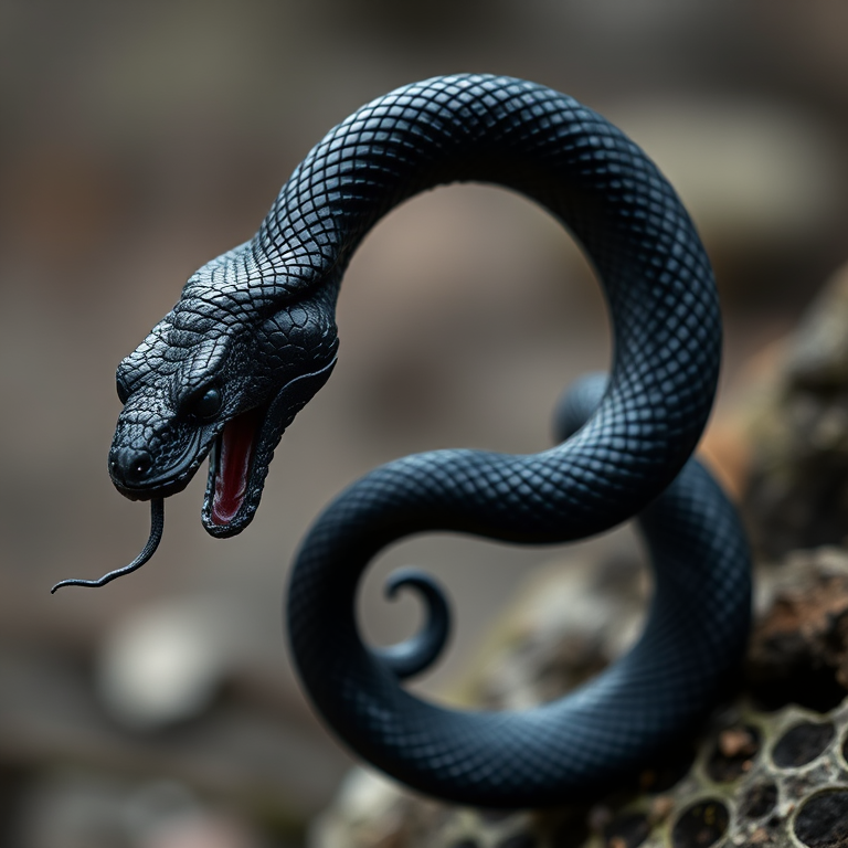 Create a high-resolution image of a black ouroboros serpent consuming its own tail, captured with a Canon EOS R5 using a 50mm lens, f/1.8 aperture, ISO 100, and soft focus background to enhance the serpent's details.