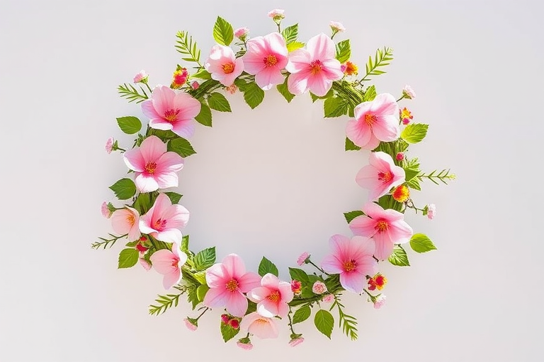Regenerate a circular floral wreath design with pink flowers, green leaves, and small colorful accents, using a Canon EOS R camera, 50mm lens, f/2.8 aperture, 1/200 sec shutter speed, capturing in natural light for enhanced vibrancy and detail.