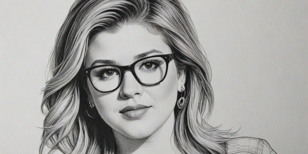 Graceful Kelly Clarkson, pencil sketch, portrait of Magnificent woman 1964s in glasses, hair style beatnik, outline, clear lines, fine lines, 8k