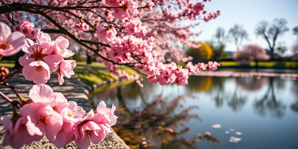 A serene cherry blossom landscape by a reflective pond on a sunny day with vibrant pink flowers, captured with a DSLR camera using a 50mm lens, f/2.8 aperture, ISO 100, and a shallow depth of field from a low angle perspective.