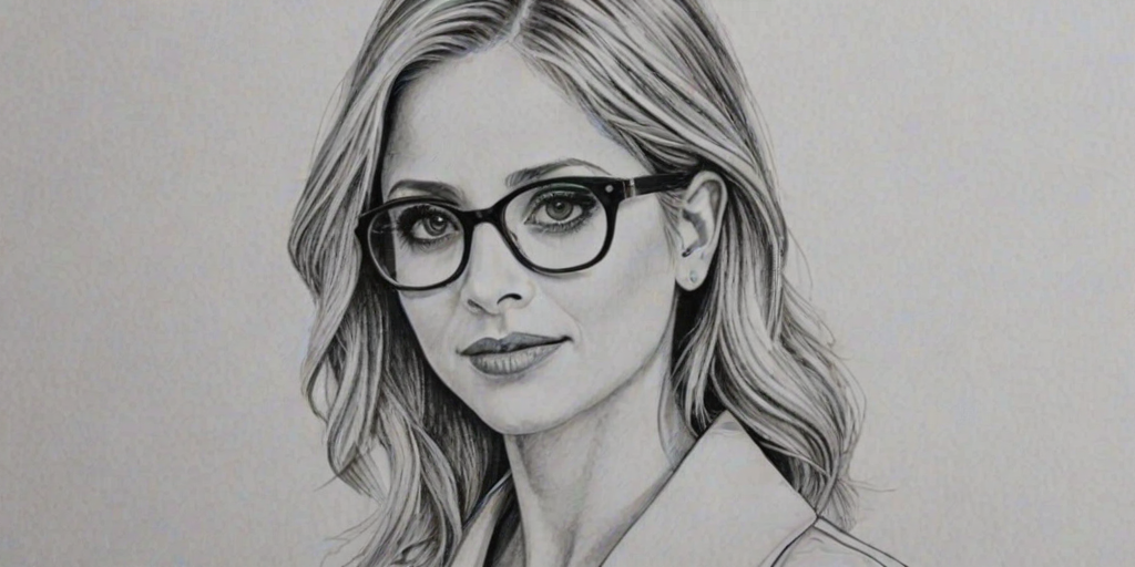 Splendid Sarah Michelle Gellar, pencil sketch, portrait of Splendid woman 1927s in glasses, hair style beatnik, outline, clear lines, fine lines, 8k