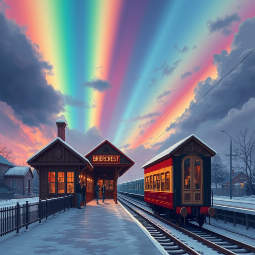 Generate an illustration of a vintage train station named Briercrest under a vibrant rainbow sky, depicting passengers waiting on the snowy platform, using a DSLR camera with a 50mm lens, f/8 aperture, ISO 100, natural light for enhanced colors and details.