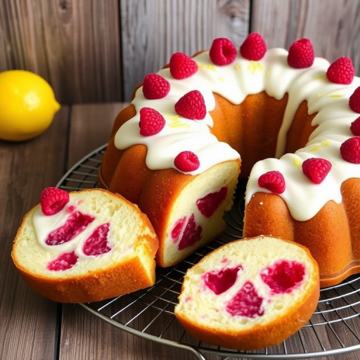 A beautifully decorated raspberry lemon bundt cake with cream cheese frosting topped with fresh raspberries and lemon zest on a wire rack against a rustic wooden background. A slice of the cake is cut and placed next to it, showcasing the moist interior filled with raspberries.