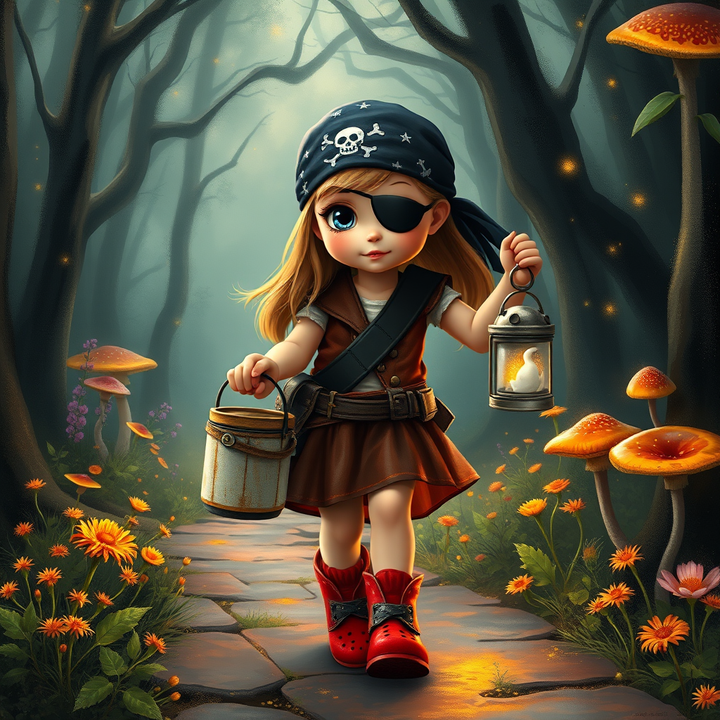 ultra detailed, photo realistic, painterly, of a little girl pirate, patch over one eye, black bandana over hair, walking and carrying an white ghost bucket and a lantern in the other hand, with bright red croc shoes, background path in the enchanted forest, wildflowers, colorful mushrooms misty hues of black and orange with bright gold glitter, ultra detailed