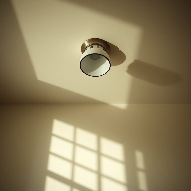 ceiling light fixture casting shadows on a wall, overhead view, depth of field, f/4, 1/60s, ISO 100, 24mm lens, DSLR camera, natural lighting, minimalistic style