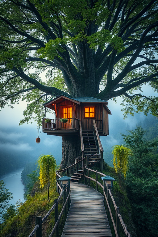 A magical treehouse nestled in a towering tree with sprawling green leaves, warm lights glowing in the windows, a wooden path leading to it, surrounded by lush mountains and a misty river, captured with a DSLR camera, 24mm focal length, aperture f/2.8, ISO 100, golden hour lighting for enhanced detail and color saturation.
