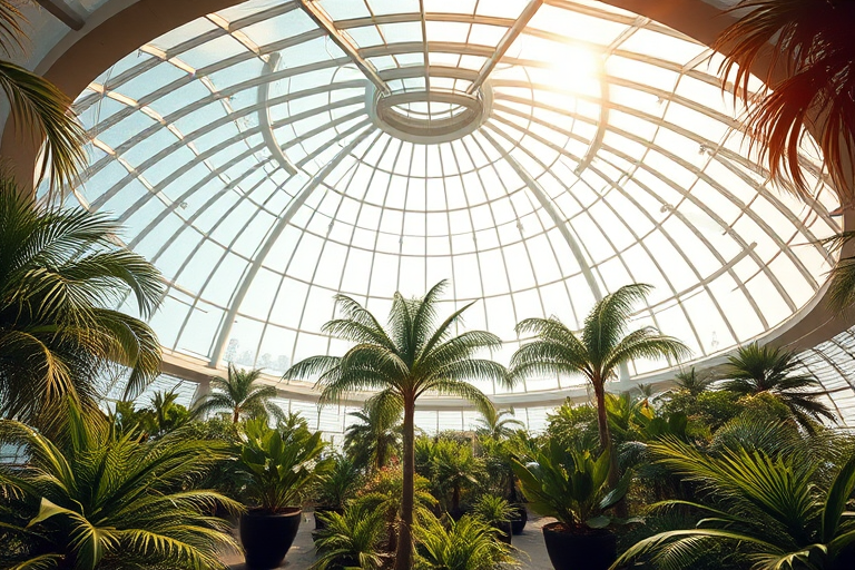 futuristic greenhouse interior with a dome structure, bright sunlight filtering through glass, lush plants and trees, warm atmospheric lighting, wide-angle view, ISO 100, f/8, 1/125s, DSLR camera, high dynamic range photography