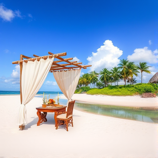 Create a picturesque tropical beach scene featuring a serene, white sandy shore. In the foreground, there's a rustic wooden canopy with white drapes gently flowing in the breeze. Underneath the canopy, a table is set with tropical decor, evoking a sense of relaxation and leisure. The beach extends into a calm, shallow water area with reflections of the sky and surroundings. Palm trees and lush greenery line the edge of the beach, providing a natural, tropical backdrop. The sky is clear with a few scattered clouds, and the overall atmosphere is tranquil and inviting, perfect for a peaceful retreat.