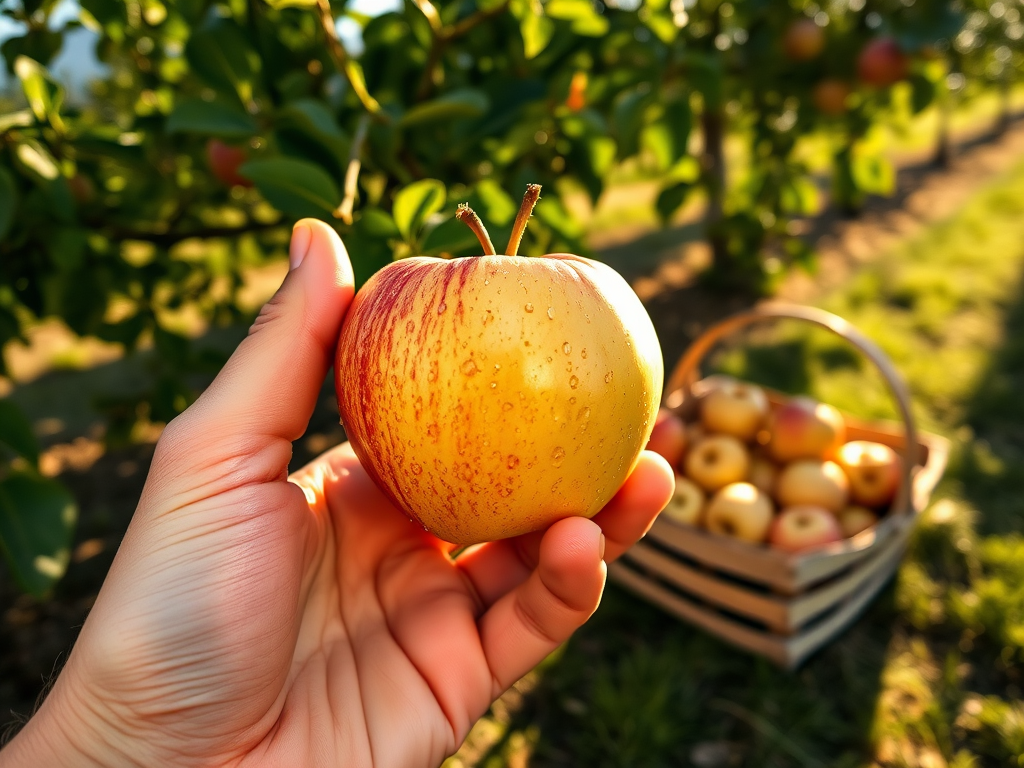 Sharp, close-up photo of a hand holding a freshly picked apple, droplets of dew still visible on the skin, sunlight filtering through orchard trees in the background, soft shadows on the hand, a wooden basket filled with more apples resting on the ground nearby.