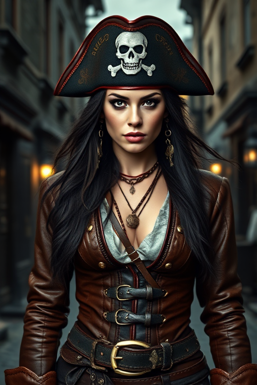Create a portrait of a fierce female pirate. She wears a leather tricorn hat adorned with a skull and crossbones emblem, and her long, dark hair flows around her face. Her outfit consists of a richly detailed leather jacket, a corset, and multiple layers of belts and accessories, giving her a formidable and stylish appearance. She stands confidently in a dimly lit, historic port town, with a backdrop of weathered buildings and cobblestone streets, capturing the adventurous spirit of a pirate.