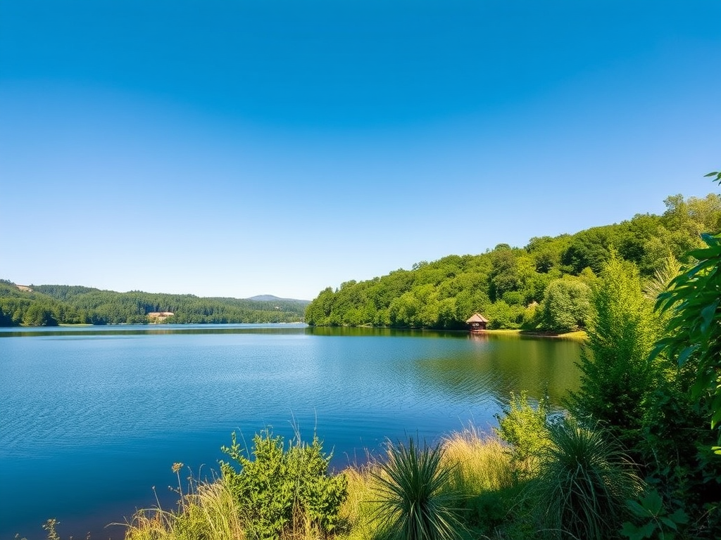 Create an image of a serene landscape featuring a calm lake surrounded by lush greenery under a clear blue sky, captured with a DSLR camera at f/11 aperture, ISO 100, 24mm focal length, using a wide-angle lens to enhance depth and clarity.