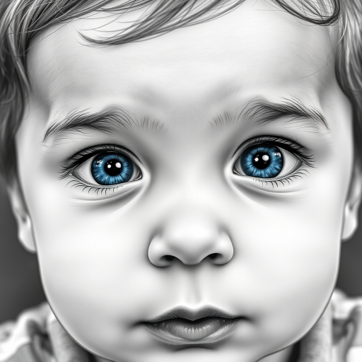 A hyperdetailed photorealistic black and white sketch of a beautiful toddler with deep blue eyes, with a macro focus
