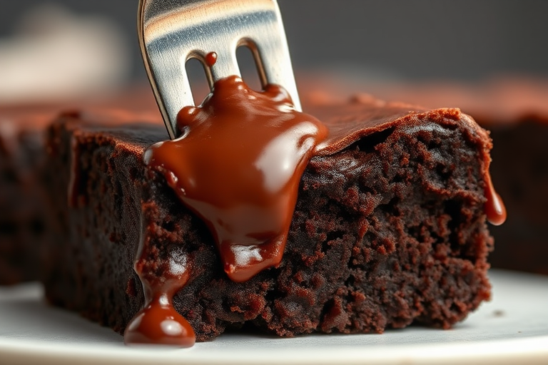 A close-up image of a rich chocolate brownie with a fork inserted into it, showing gooey chocolate sauce dripping down the sides, with a soft and fudgy texture visible in the cross-section of the brownie. The background is softly blurred to emphasize the dessert.