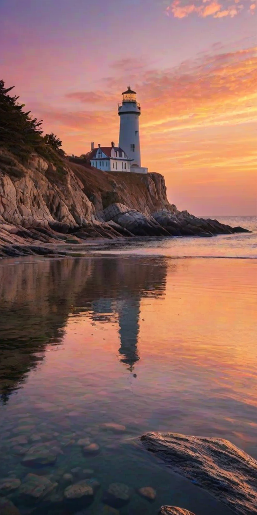 Generate an image of a tall lighthouse perched on a rocky outcrop surrounded by calm ocean waters during a breathtaking sunset. The lighthouse stands sturdy and weathered, its stone surface illuminated by the warm golden light of the setting sun. The sun's rays pass directly through the glass lantern room at the top of the lighthouse, casting a brilliant light across the scene. The sky is painted with vibrant shades of orange, pink, and purple, reflecting off the tranquil sea. The surrounding water shimmers with the same warm hues, creating a serene and majestic atmosphere.