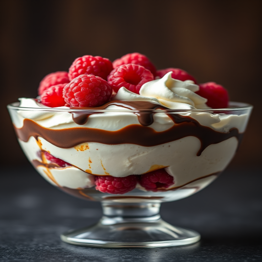 Create a high-resolution image of a richly layered dessert in a clear glass bowl, featuring whipped cream, chocolate sauce, and fresh raspberries, shot at a 50mm lens with f/2.8 aperture, ISO 100, and soft diffused lighting to enhance texture and detail in a dark, warm-toned background.