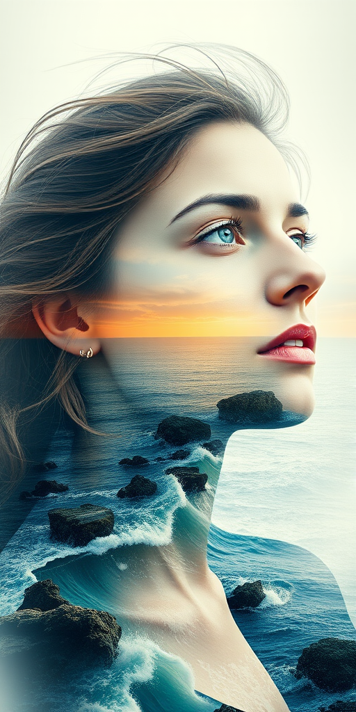 create Book cover, A surreal double exposure portrait that blends a woman's face with a beautiful seascape. The overall mood is dreamy and mystical, with rich colors and intricate details