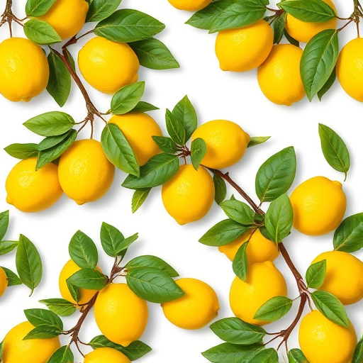 Create a high-resolution pattern design featuring lush lemon branches with vibrant yellow lemons and green leaves on a white background, shot with a Canon EOS R5 at f/8, 1/125s, ISO 100, using a macro lens for detailed texture and clarity.