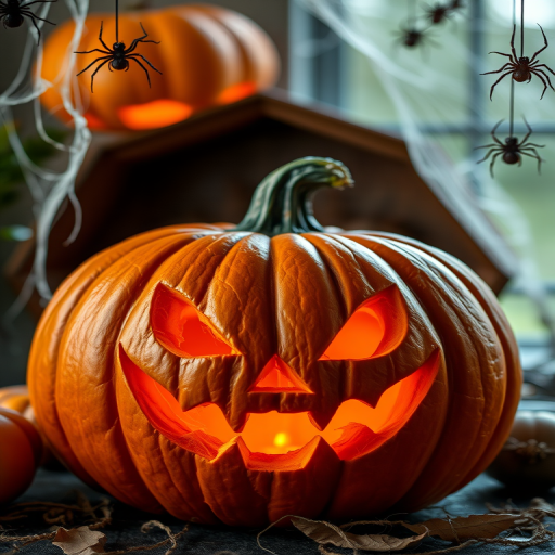 Create a festive Halloween scene with a carved pumpkin featuring a sinister grin, hanging spiders and cobwebs in the corners, soft focus background, shot with a DSLR camera at f/2.8, ISO 100, 50mm lens, natural light for a warm glow.