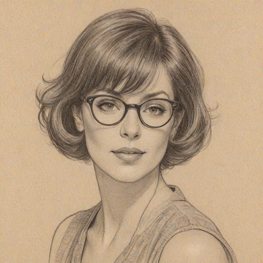Enchanting Diane Warren, pencil sketch, portrait of Ravishing woman 1947s in glasses, hair style beatnik, outline, clear lines, fine lines, 8k