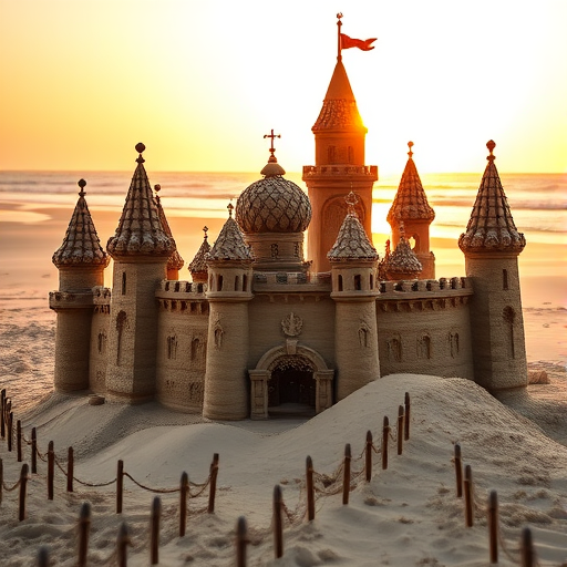 create a detailed image of a majestic sandcastle resembling a fairy-tale castle with tall spires and intricate designs on a sunny beach during golden hour, captured with a Canon EOS 5D Mark IV, 35mm lens, aperture f/8, ISO 100, 1/200s shutter speed, wide-angle view for depth and clarity.