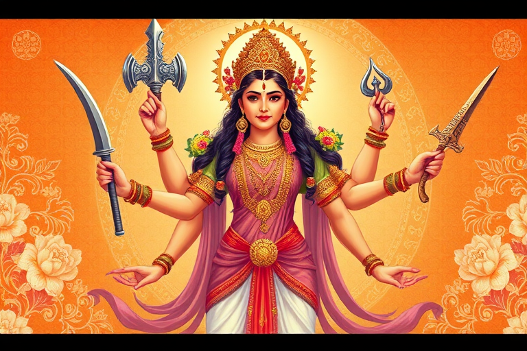 Create an illustration of a goddess with multiple arms, holding traditional weapons, set against a soft orange background with floral patterns, daytime lighting, DSLR camera settings with f/2.8 aperture, 50mm lens, vibrant colors and high saturation, digital art style.