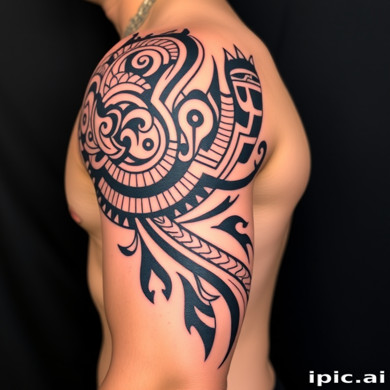 Powerful Polynesian tribal tattoo wrapping around the bicep and shoulder, featuring bold geometric patterns and cultural symbols, utilizing thick black lines and negative space for a strong visual impact