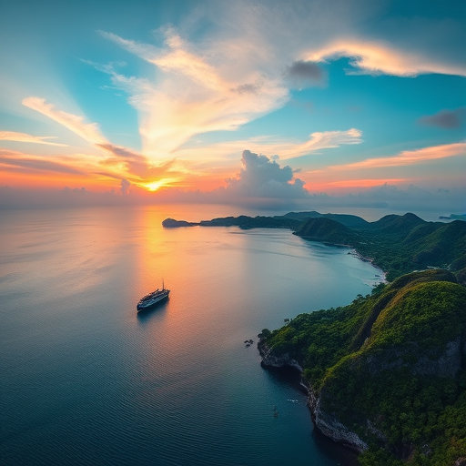 tropical island landscape at sunset with a ship anchored, lush greenery and rocky cliffs, vibrant colors, soft clouds in the sky, aerial view, DSLR camera, f/8 aperture, ISO 100, 24mm lens, 1/250s shutter speed, high dynamic range